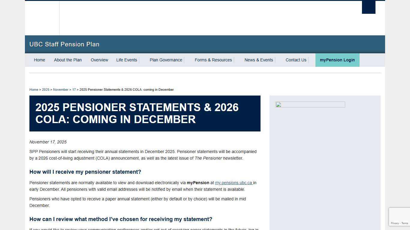2025 Pensioner Statements & 2026 COLA: coming in December UBC Staff Pension Plan