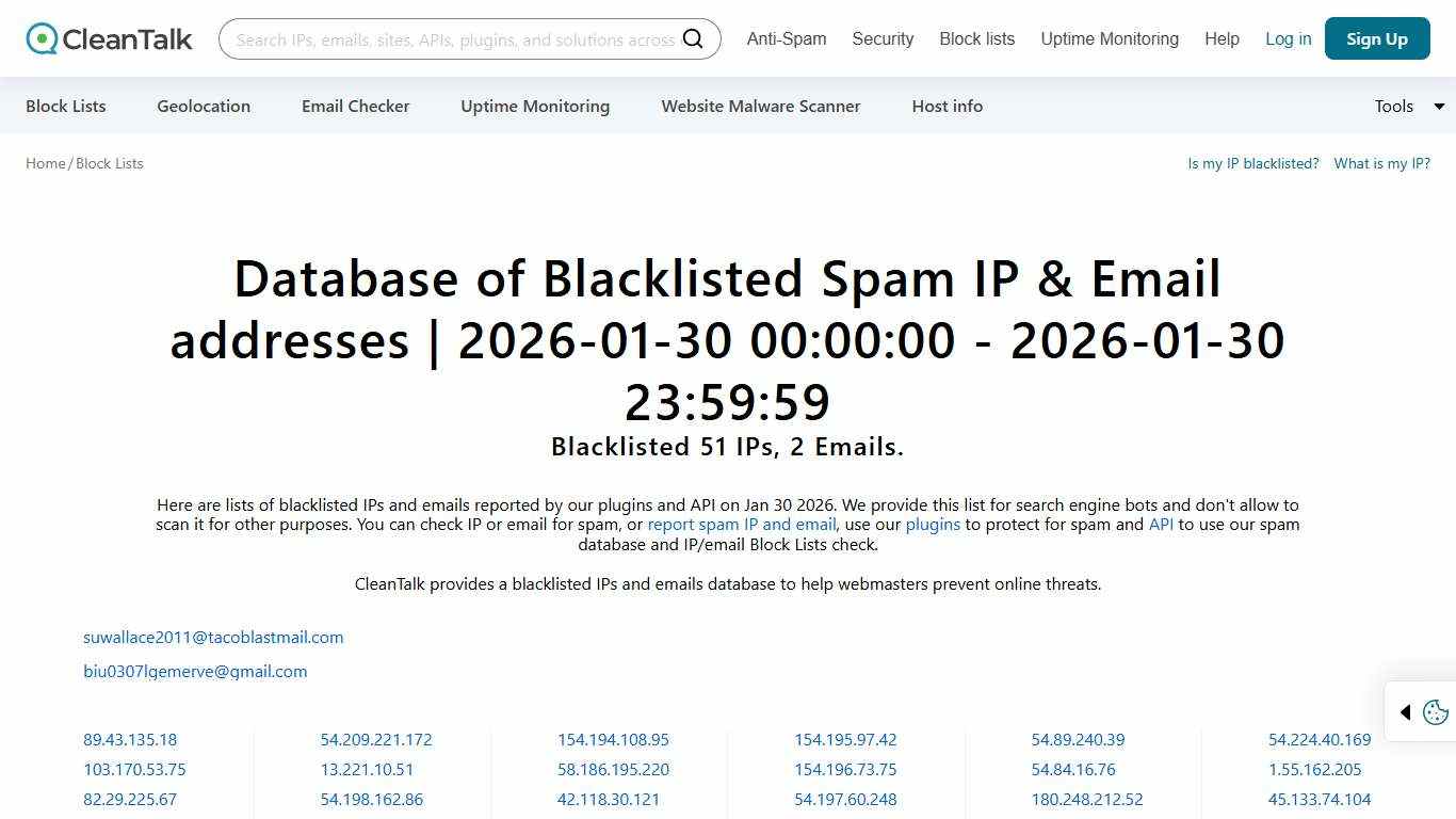 Jan 30 2026 Blacklisted IP - Blacklisted Email CleanTalk